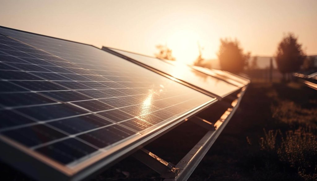 the sun setting behind a solar power system